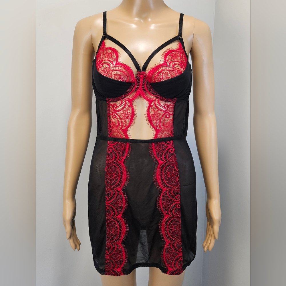 Adore Me Babydoll Set Medium Black Red Lace Contrast‎